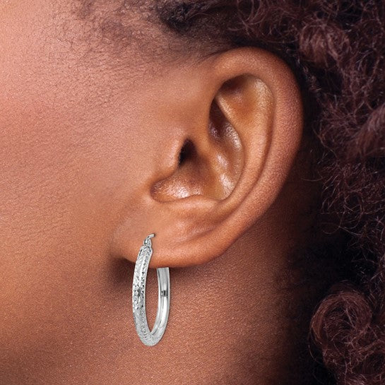 14K White Gold Diamond Cut Classic Round Diameter Hoop Textured Earrings 25mm x 3mm