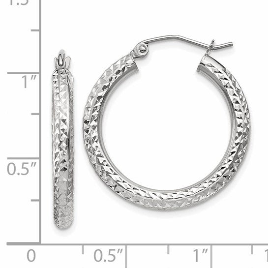 14K White Gold Diamond Cut Classic Round Diameter Hoop Textured Earrings 25mm x 3mm