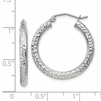 14k white gold diamond cut classic round diameter hoop textured earrings 25mm x 3mm
