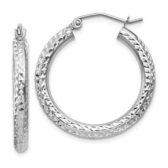 14k white gold diamond cut classic round diameter hoop textured earrings 25mm x 3mm