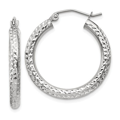 14k white gold diamond cut classic round diameter hoop textured earrings 25mm x 3mm