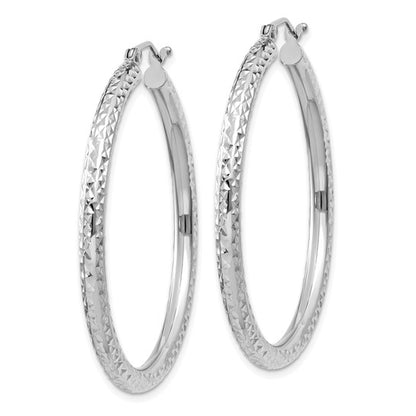 14k white gold diamond cut classic round diameter hoop textured earrings 40mm x 3mm