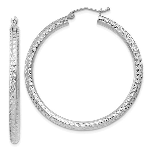 14k white gold diamond cut classic round diameter hoop textured earrings 40mm x 3mm