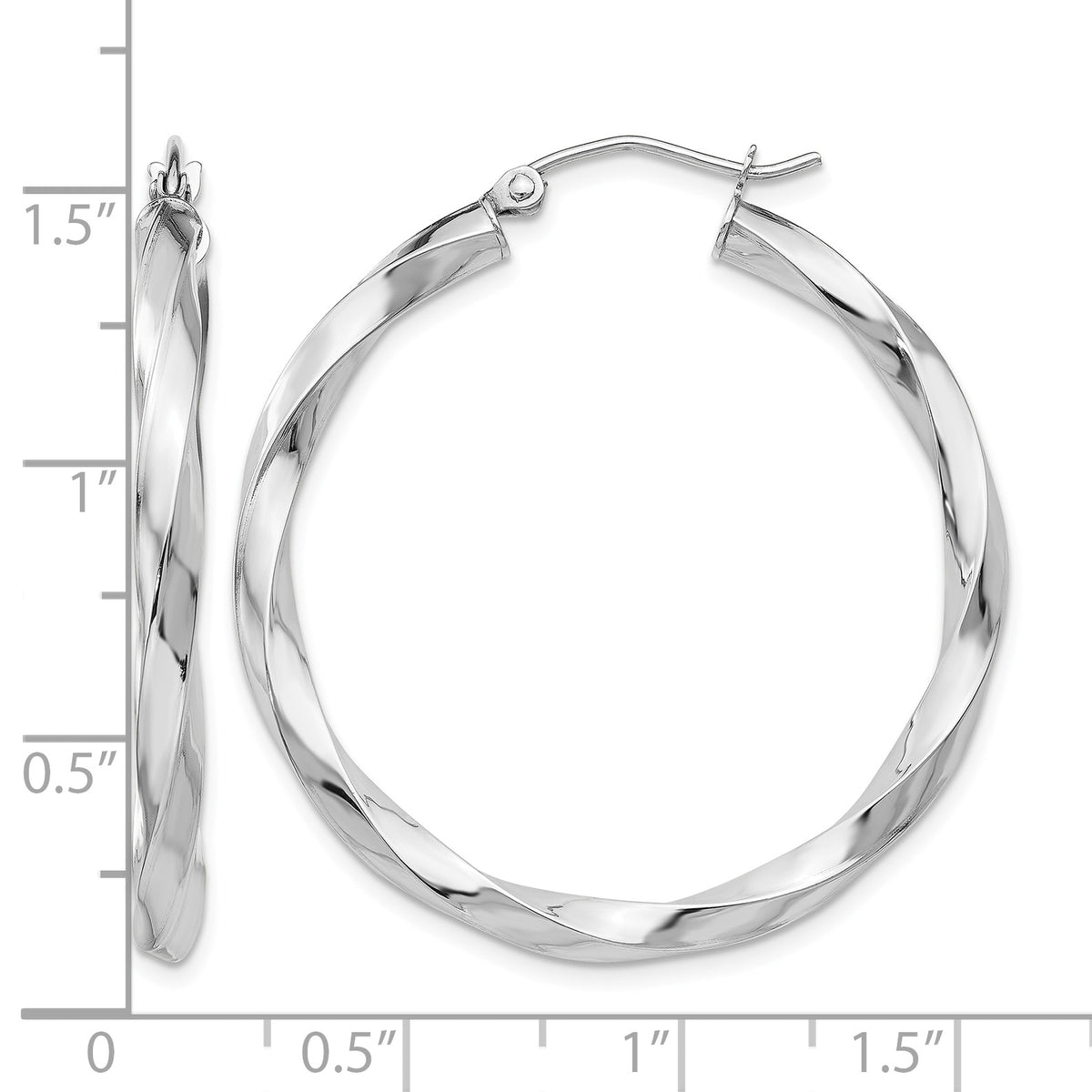 14K White Gold Twisted Modern Classic Round Hoop Earrings 35.5mm x 3mm