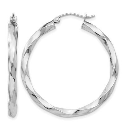 14K White Gold Twisted Modern Classic Round Hoop Earrings 35.5mm x 3mm