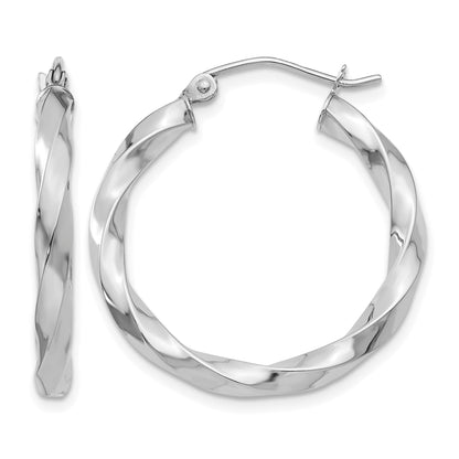 14K White Gold Twisted Modern Classic Round Hoop Earrings 26mm x 3mm