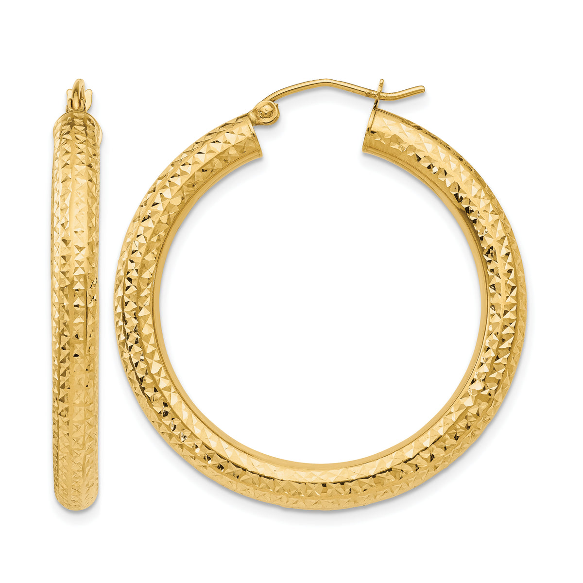 14K Yellow Gold Diamond Cut Classic Round Hoop Earrings 35mm x 4mm