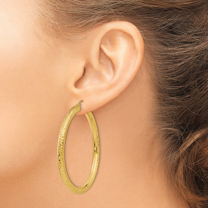 14K Yellow Gold Diamond Cut Round Hoop Earrings 50mm x 4mm