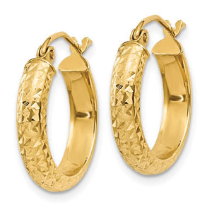 14K Yellow Gold Diamond Cut Textured Classic Round Hoop Earrings 17mm x 3.5mm