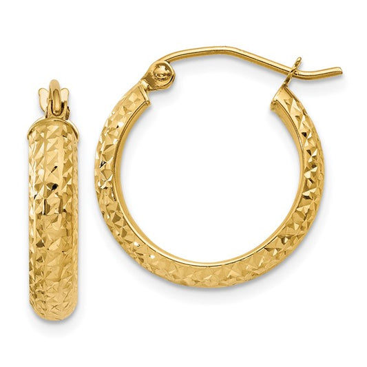 14k yellow gold diamond cut textured classic round hoop earrings 17mm x 3.5mm