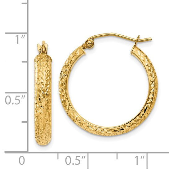 14K Yellow Gold Diamond Cut Textured Classic Round Hoop Earrings 21mm x 3.5mm