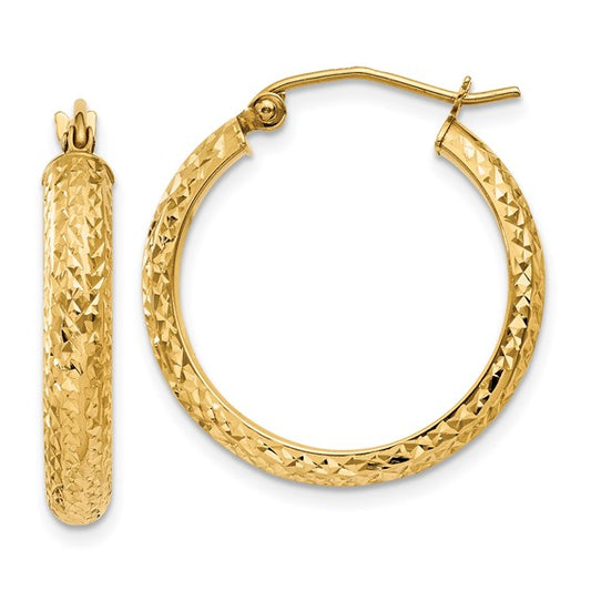 14k yellow gold diamond cut textured classic round hoop earrings 21mm x 3.5mm