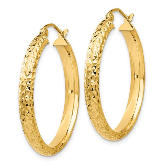 14k yellow gold diamond cut textured classic round hoop earrings 28mm x 3.5mm
