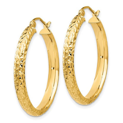 14k yellow gold diamond cut textured classic round hoop earrings 28mm x 3.5mm