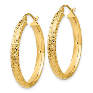 14K Yellow Gold Diamond Cut Textured Classic Round Hoop Earrings 28mm x 3.5mm