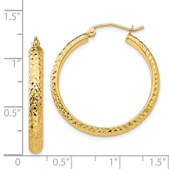 14k yellow gold diamond cut textured classic round hoop earrings 28mm x 3.5mm