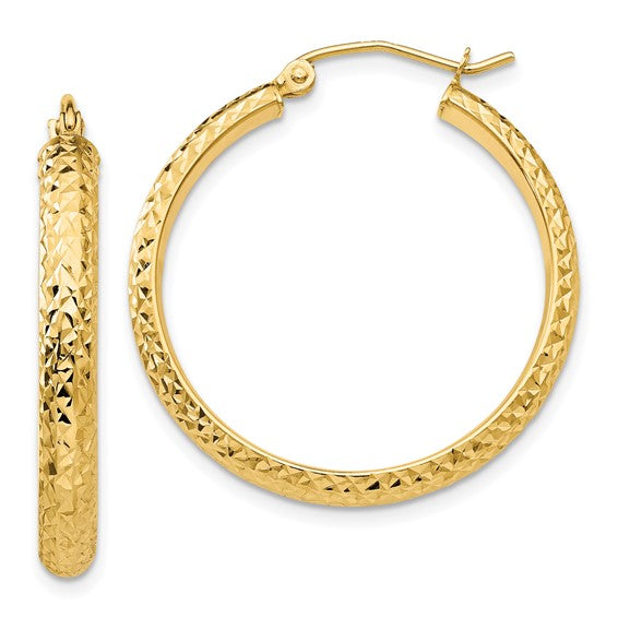 14k yellow gold diamond cut textured classic round hoop earrings 28mm x 3.5mm
