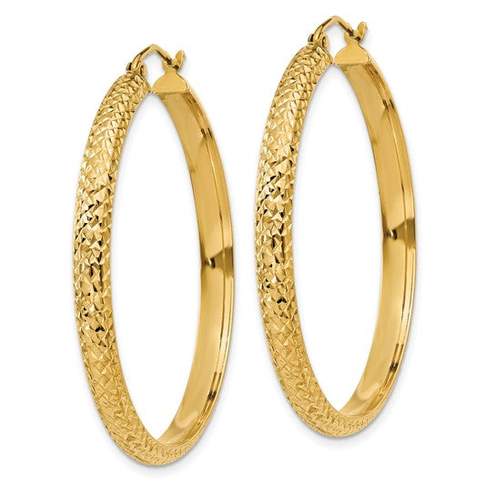 14k yellow gold diamond cut textured classic round hoop earrings 38mm x 3.5mm