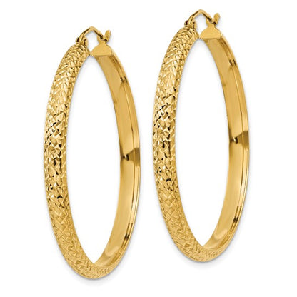 14k yellow gold diamond cut textured classic round hoop earrings 38mm x 3.5mm