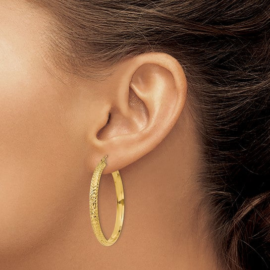 14k yellow gold diamond cut textured classic round hoop earrings 38mm x 3.5mm