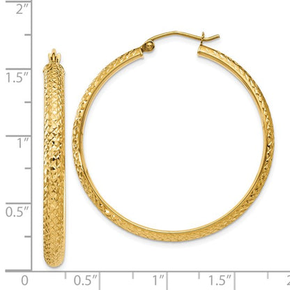 14k yellow gold diamond cut textured classic round hoop earrings 38mm x 3.5mm