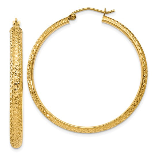 14k yellow gold diamond cut textured classic round hoop earrings 38mm x 3.5mm