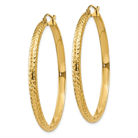 14K Yellow Gold Diamond Cut Textured Classic Round Hoop Earrings 46mm x 3.5mm