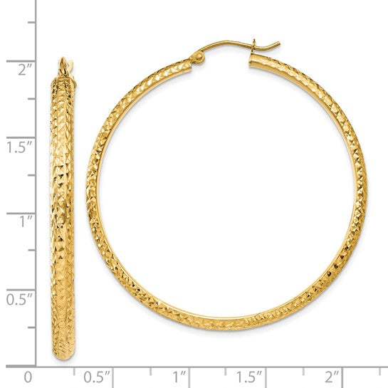 14K Yellow Gold Diamond Cut Textured Classic Round Hoop Earrings 46mm x 3.5mm