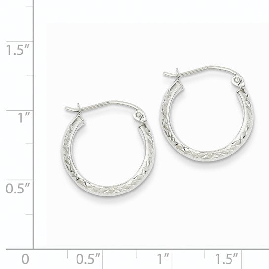 14k white gold diamond cut textured classic round hoop earrings 17mm x 3.5mm