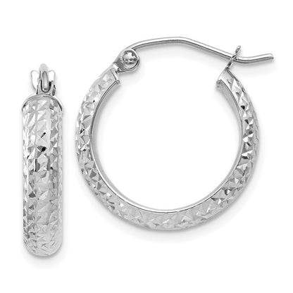 14k white gold diamond cut textured classic round hoop earrings 17mm x 3.5mm
