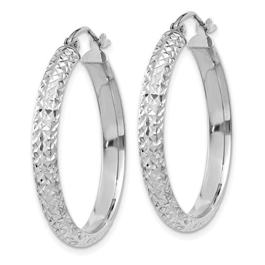 14k white gold diamond cut textured classic round hoop earrings 27mm x 3.5mm