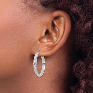 14K White Gold Diamond Cut Textured Classic Round Hoop Earrings 27mm x 3.5mm