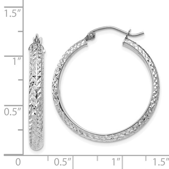 14k white gold diamond cut textured classic round hoop earrings 27mm x 3.5mm