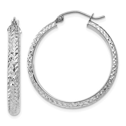 14k white gold diamond cut textured classic round hoop earrings 27mm x 3.5mm