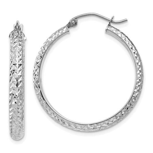 14k white gold diamond cut textured classic round hoop earrings 27mm x 3.5mm