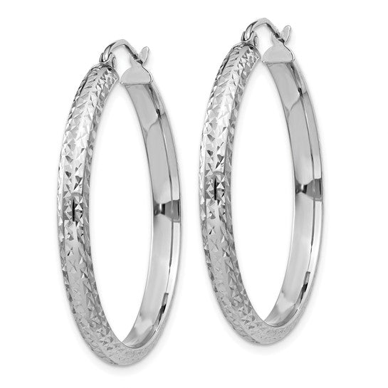 14k white gold diamond cut textured classic round hoop earrings 34mm x 3.5mm
