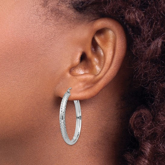 14K White Gold Diamond Cut Textured Classic Round Hoop Earrings 34mm x 3.5mm