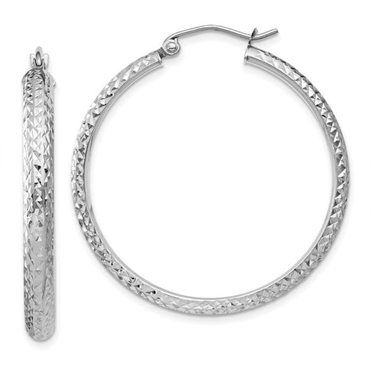 14k white gold diamond cut textured classic round hoop earrings 34mm x 3.5mm