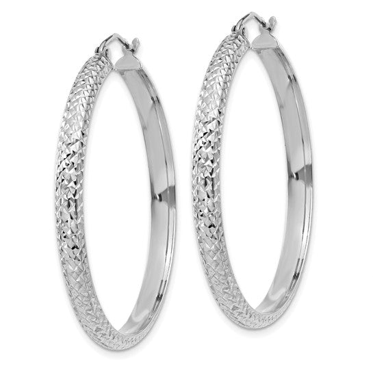 14K White Gold Diamond Cut Textured Classic Round Hoop Earrings 38mm x 3.5mm