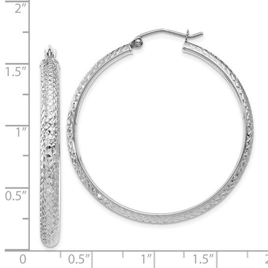 14k white gold diamond cut textured classic round hoop earrings 38mm x 3.5mm