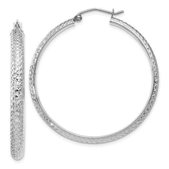 14K White Gold Diamond Cut Textured Classic Round Hoop Earrings 38mm x 3.5mm