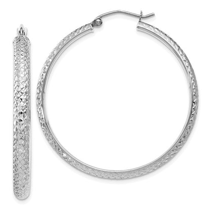 14k white gold diamond cut textured classic round hoop earrings 38mm x 3.5mm