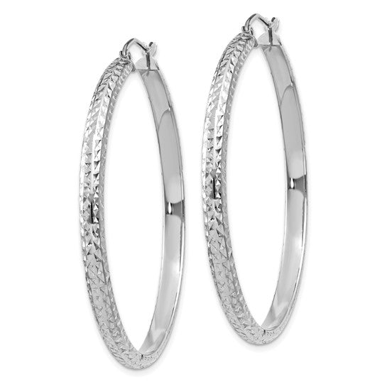 14K White Gold Diamond Cut Textured Classic Round Hoop Earrings 46mm x 3.5mm