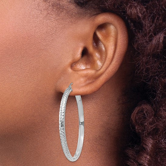 14K White Gold Diamond Cut Textured Classic Round Hoop Earrings 46mm x 3.5mm