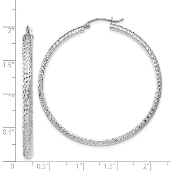 14k white gold diamond cut textured classic round hoop earrings 46mm x 3.5mm