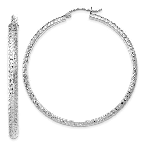 14k white gold diamond cut textured classic round hoop earrings 46mm x 3.5mm