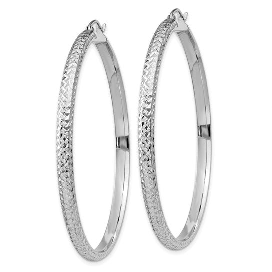 14K White Gold Diamond Cut Textured Classic Round Hoop Earrings 53mm x 3.5mm