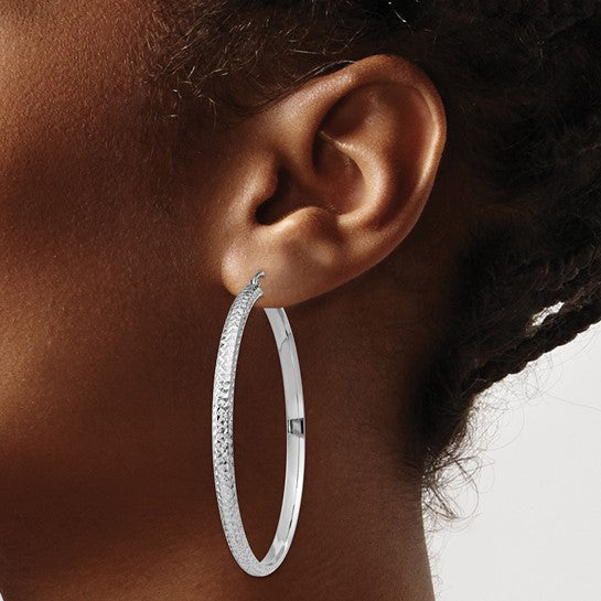 14k white gold diamond cut textured classic round hoop earrings 53mm x 3.5mm