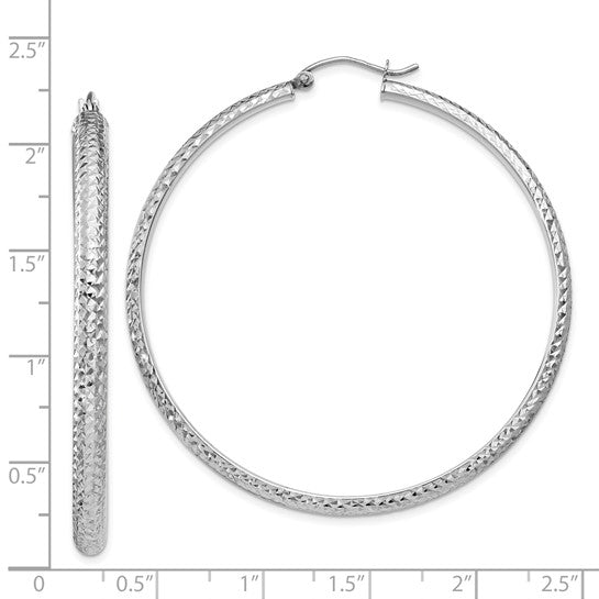 14K White Gold Diamond Cut Textured Classic Round Hoop Earrings 53mm x 3.5mm