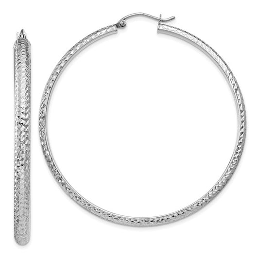 14k white gold diamond cut textured classic round hoop earrings 53mm x 3.5mm